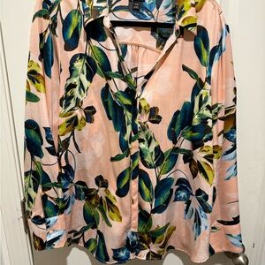 Worthington Pink and Green Leaf Print Blouse
